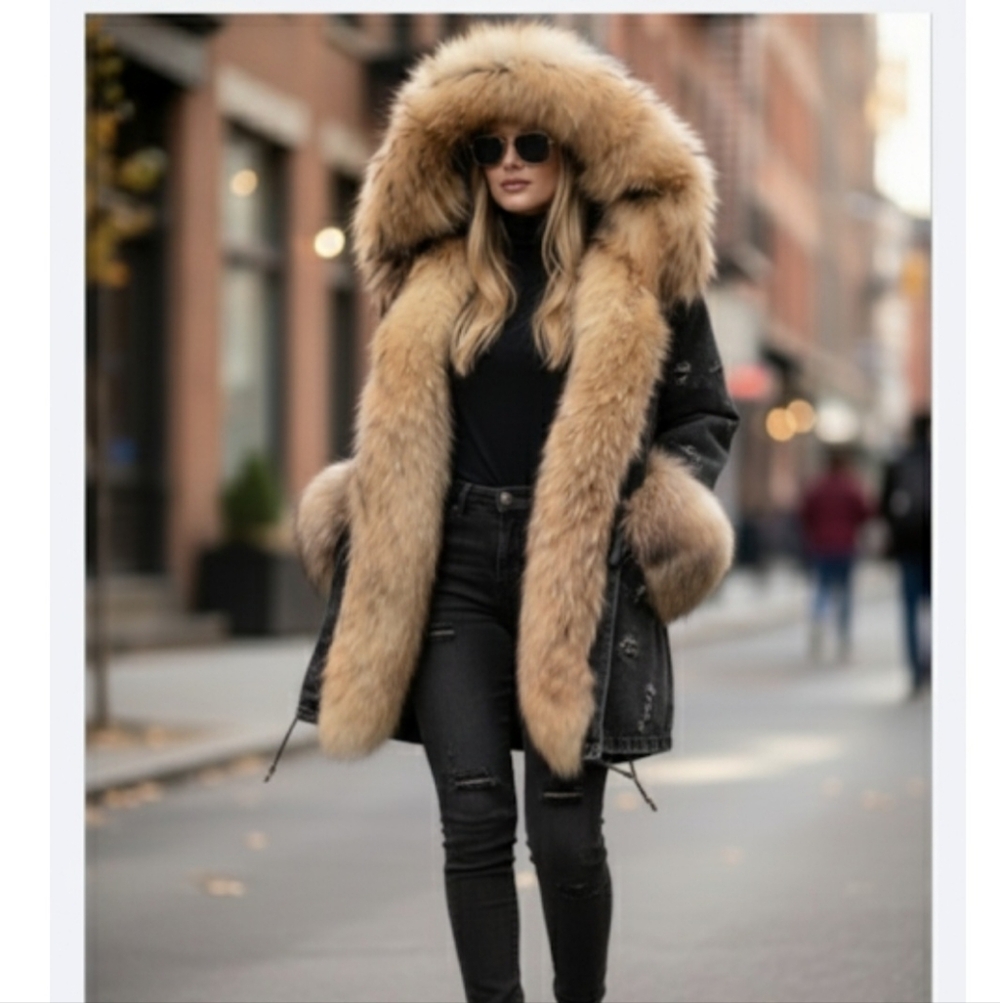 Women's Long Hooded Parka Faux Fur  Distressed Black Denim Statement Jacket